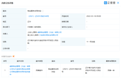 大連威新物業(yè)管理新增開(kāi)庭公告 案由系物業(yè)服務(wù)合同糾紛